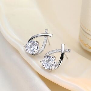 Elegant Silver Curved Crystal Stud Earrings